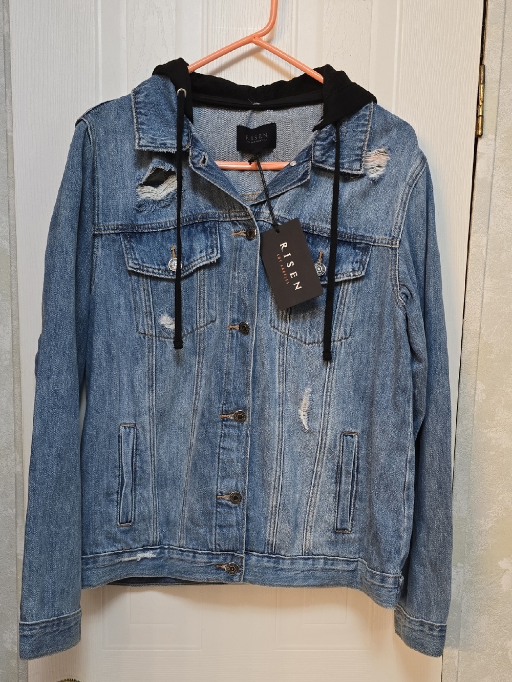 Risen Women's Medium Wash Distressed Denim Jacket with Black Removable Hood - M